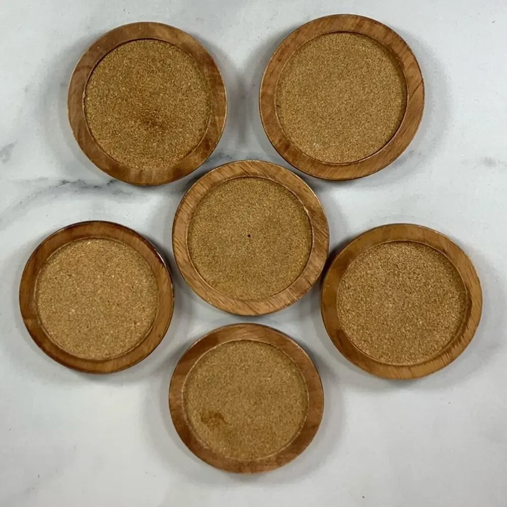 Vintage Set of 6 Wood Cork Coasters 70s